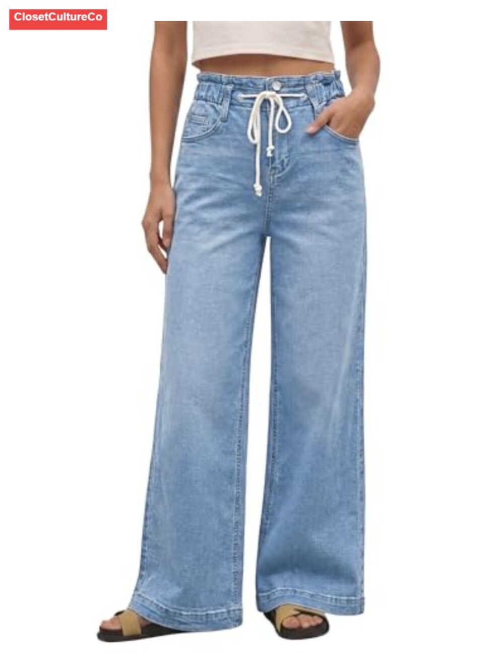 Wide Leg Jeans High Waisted Stretch Drawstring Bell Bottom Baggy Denim Pants